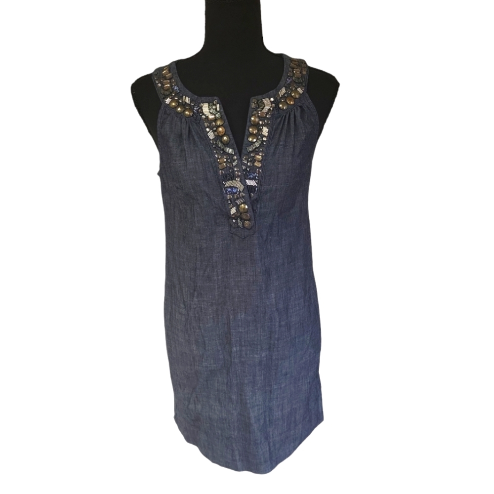 EUC like new New York Company rhinestone beaded sleeveless mini denim boho dress - Picture 3 of 8